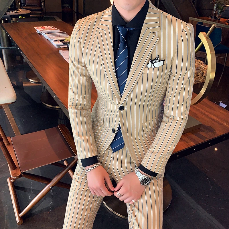 Khaki suit two-piece suit Fashion City England wind stripes slim banquet suit suit groom wedding dress men gentleman coat pants