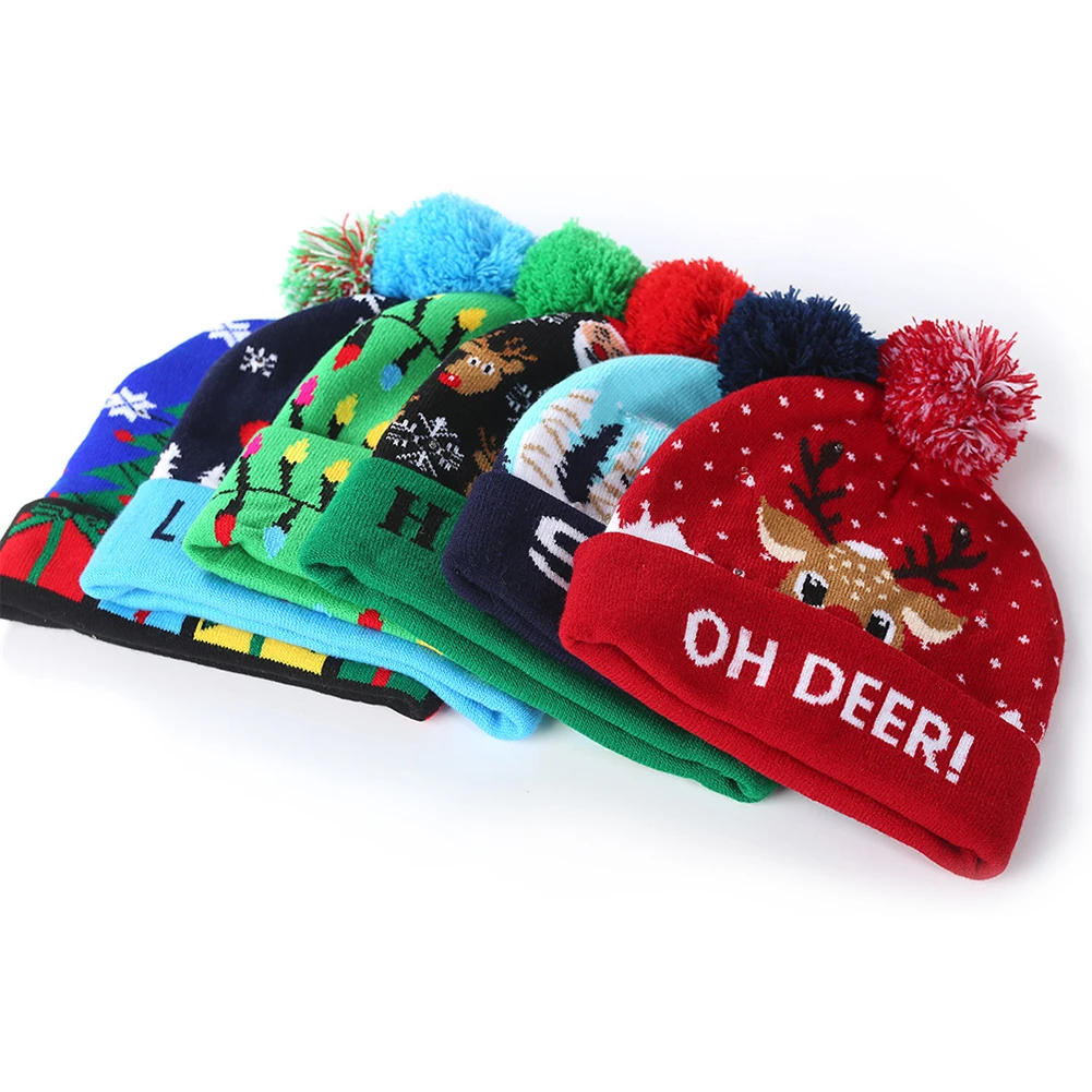1 шт., новогодний светодиодный головной убор, шапочка, свитер, шапка Санта-Клауса, вязаная шапка для детей, взрослых, для рождественской