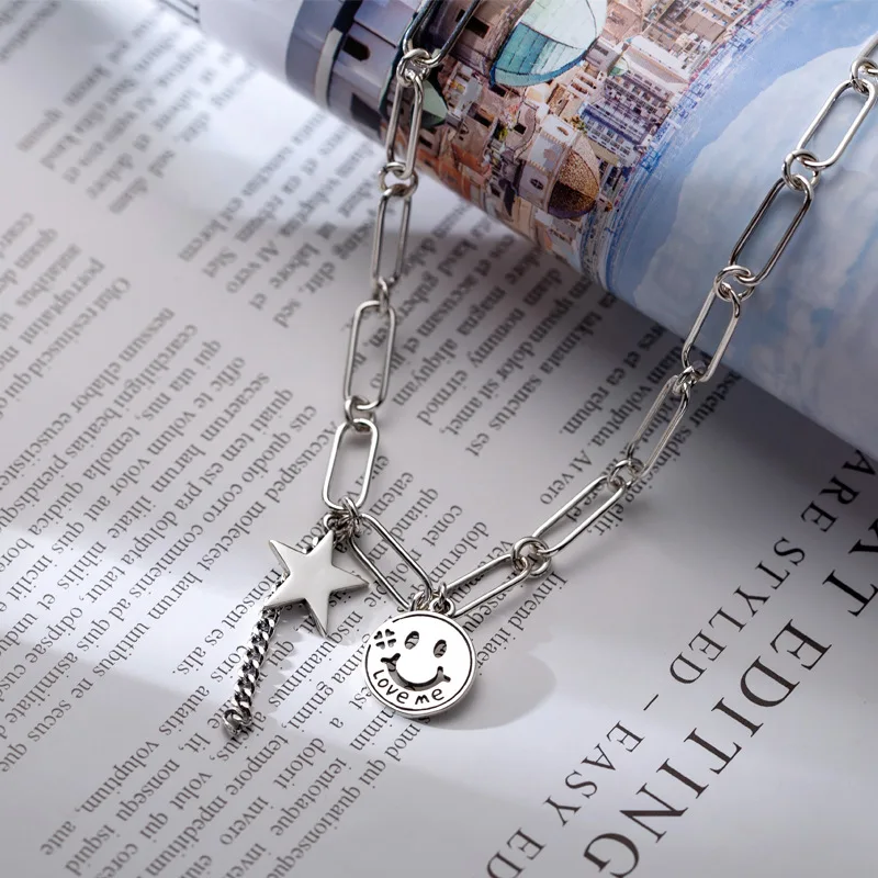 

S925 Fine Silver Retro Japanese Korean Retro CHIC-Style Smiley LOVE Me Five-pointed Star Chain Tassels Item 7716