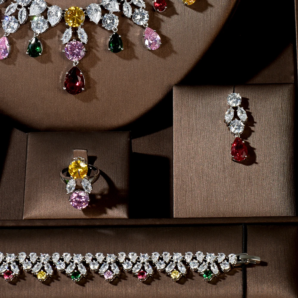 HIBRIDE Sparking Multi-color Water Drop Shape AAA CZ Stone Women Earring Necklace Jewelry Sets Wedding Accessories N-1483 - Image 3