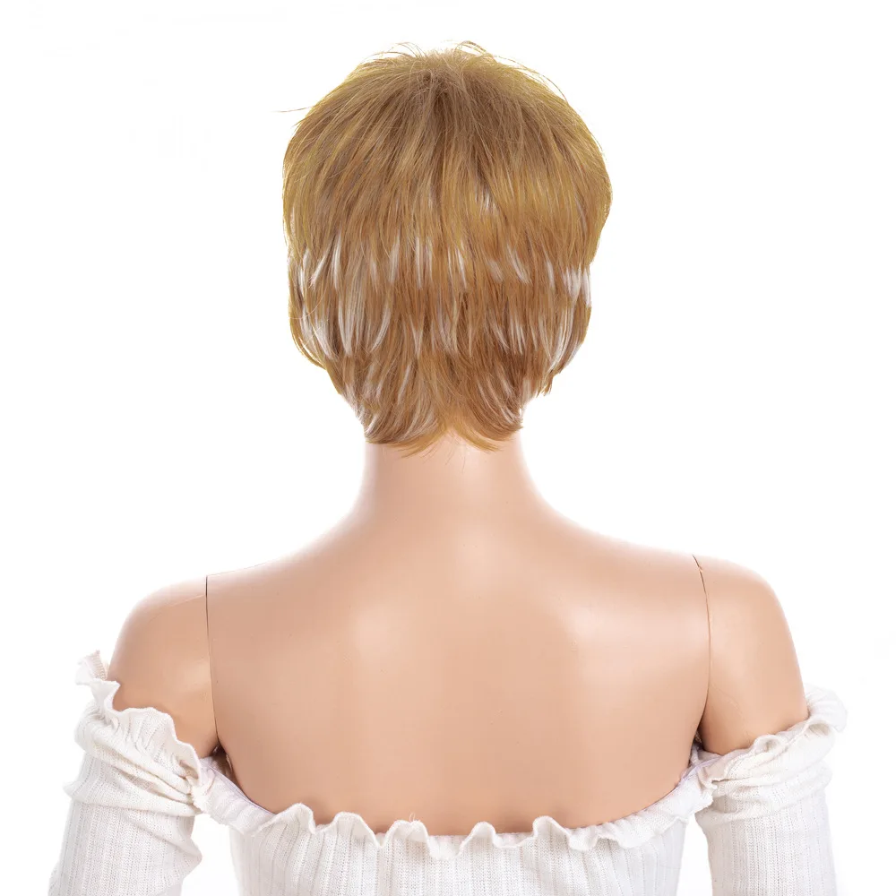 Women's Daily Short Straight Hair Synthetic Wig Air bangs Brown white mixed color High quality high temperature fiber material