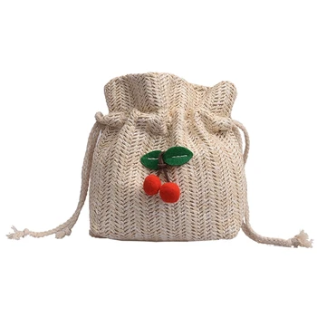 

Straw Bag Ladies Beach Bag Personality Messenger Bag Drawstring Cherry Lady Retro Hand-Woven Fashion Shoulder Bag White
