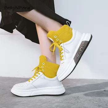 

women sneakers boots high top ankle booties flat platform genuine leather cowhide outdoor casual preppy style fashion girl shoes