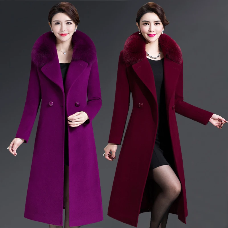 

Double-Sided Cashmere Coat Women Autumn Winter Jackets Middle-aged Faux fox fur collar Wool Coats Long Outerwear Plus Size 5XL