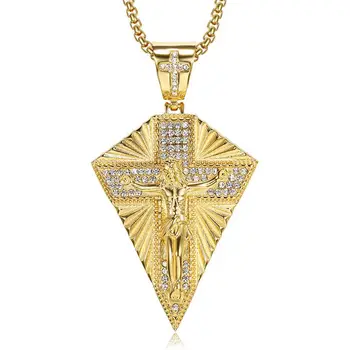 

Hip Hop Bling Iced Out Rhinestones Gold Silver Color Stainless Steel INRI Crucifix Cross Pendant Necklace for Men Rapper Jewelry