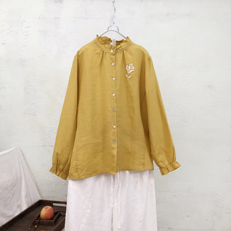 

Johnature Women Clothes 2019 New Autumn Shirts Casual Ladies Tops Solid Color Stand Collar Button Embroidery Women Blouses