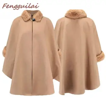

Spring Plus Size Loose Warm Wool Blends Button Long Winter Coat Collar Wool Coats Women Office Work Wear Elegant Poncho