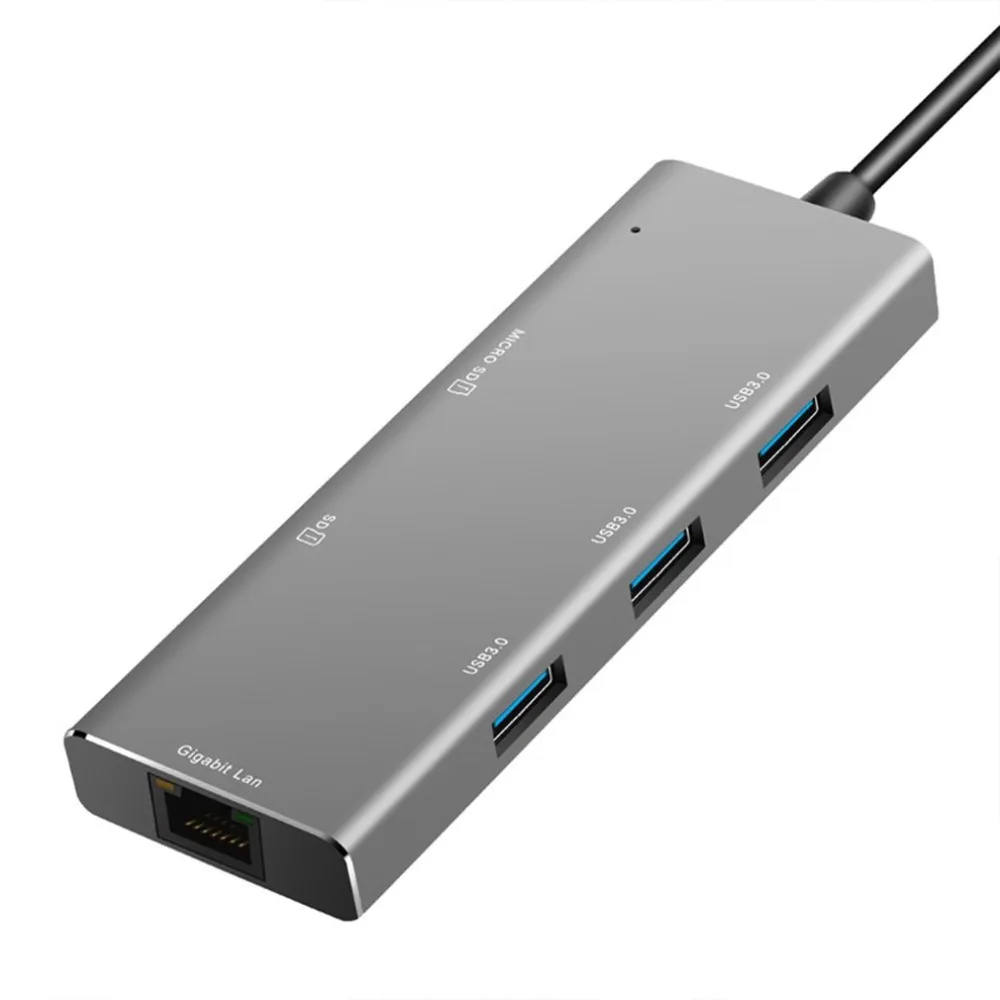 YSTC0720 type-c концентратор для RJ45 Gigabit Ethernet+ 3 порта USB3.0+ безопасный цифровой/T-Flash кардридер 6 портов с сетевой картой серый