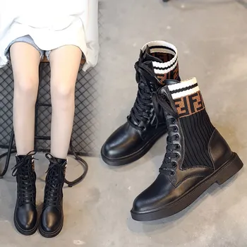

2019 new fashion casual female boots knit comfortable breathable lace women's boots thick with tube women's shoes