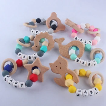 

Natural Wooden Baby Infant Teether Teething Ring Bracelet Toys Animal Shaped Silicone Beads Teething For Baby