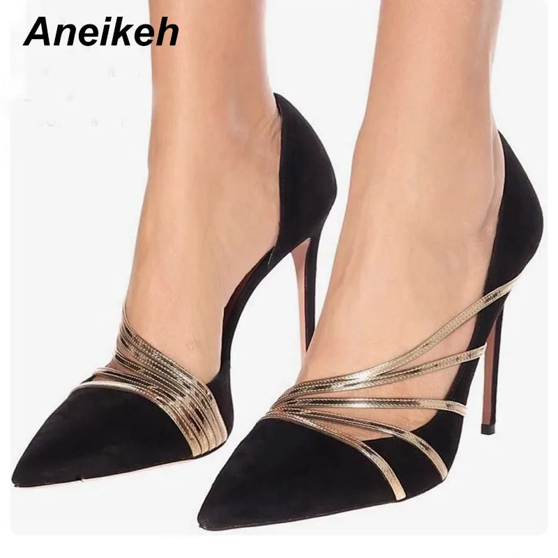 

Aneikeh Spring Pointed end Sexy Flock Sandals Gladiator High Heels Slip On Fashion Dress Lady Thin High Heel Pumps Sandals Shoes