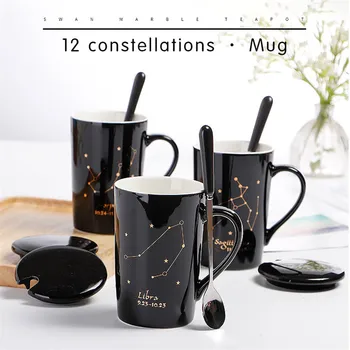 

400ML Ceramic Coffee Mugs 12 Constellations Creative Ceramic Mugs with Spoon Lid Porcelain Zodiac Milk Coffee Cup Gift Box