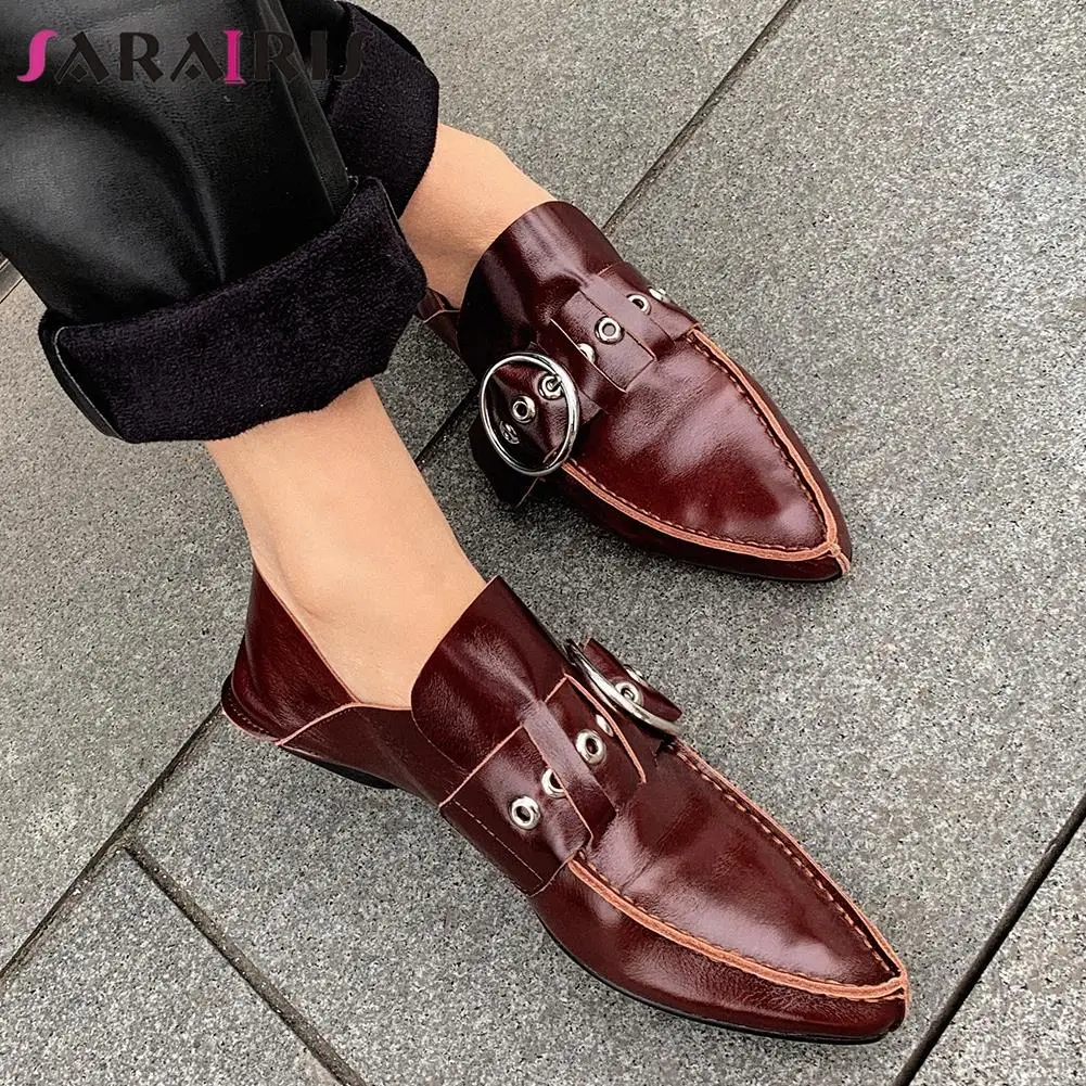 

SARAIRIS New Female Quality All Genuine Leather Loafers 2020 Fashion Decorate Flats Women Brand Design Pointed Toe Shoes Woman
