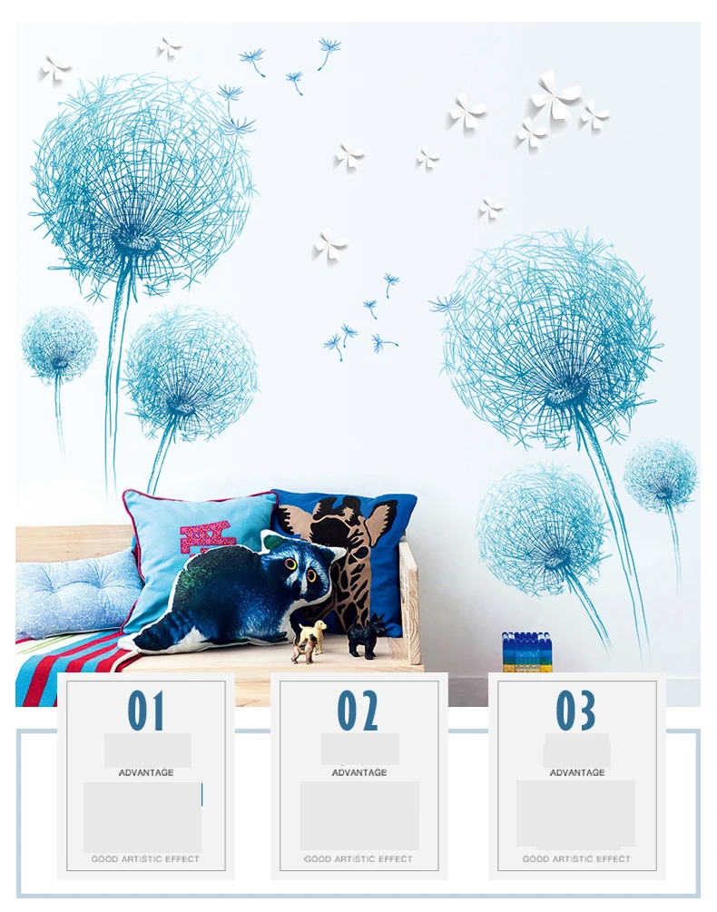 180*127 см большой синий стикер для стен «Одуванчик» домашнее украшение для детской комнаты спальня настенная крышка стикер s декор из винила, съемный настенные наклейки