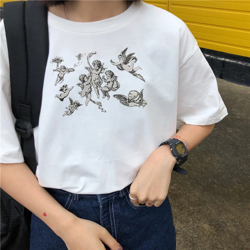 Новая женская футболка с коротким рукавом в стиле ретро с принтом ангела уличная ветрозащитная футболка рекреационный дышащий Топ летняя