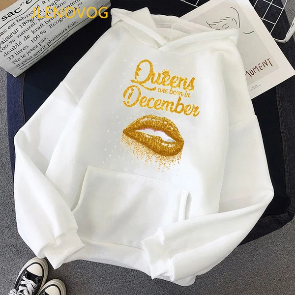 Queens Are Born Sweatshirt Women Gold Lip Print Graphic Hoodie Lady Spring Autumn Winter Clothes Friends Birthday Present