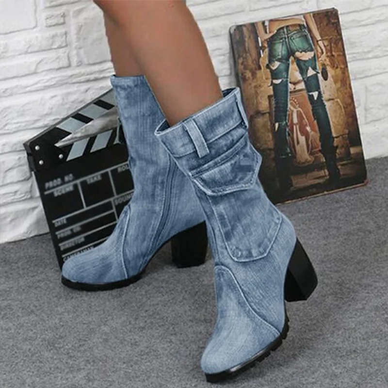 MCCKLE женские джинсовые ботинки до середины икры в стиле ретро женские ботинки на толстом каблуке на молнии Женская обувь на высоком каблуке Новая модная женская обувь - Цвет: light blue