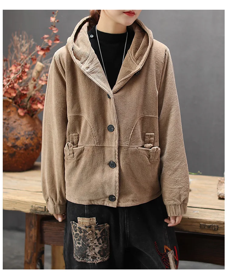 QPFJQD Ladies Autumn Winter Corduroy Jackets Vintage Loose Padded Coat Women Hooded Pocket Tops Casual All-Match Girls Clothes