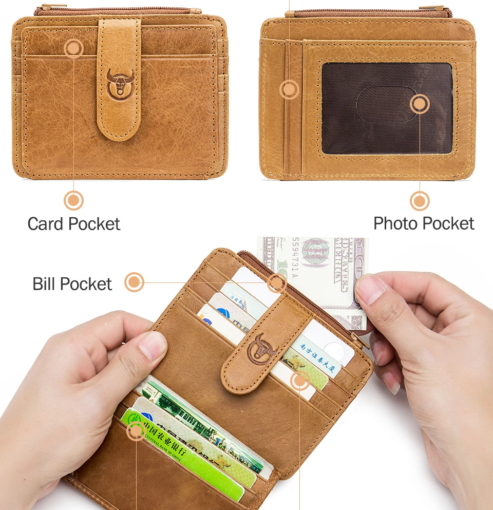 Casual Men Mini Wallet Coffee Genuine Leather Purse for Men Zipper Wallets Cow Leather Male Coin Bag Waterproof Men Short Wallet