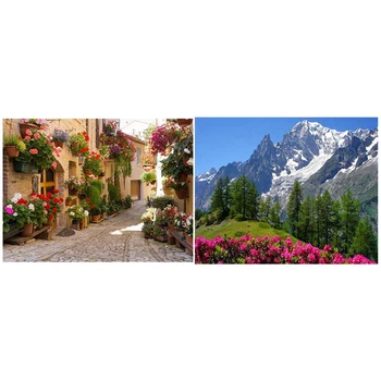 

2 Set 5D Diy Round Diamond Painting Mountain Scenery Embroidery - Flower Street & Snow Mountain Green Tree Red Flower