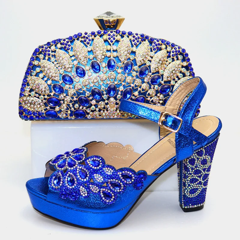 

2019 New arrival fashion sandal shoes and clutches bag matching set with many shinning stones royal blue SB8419-2