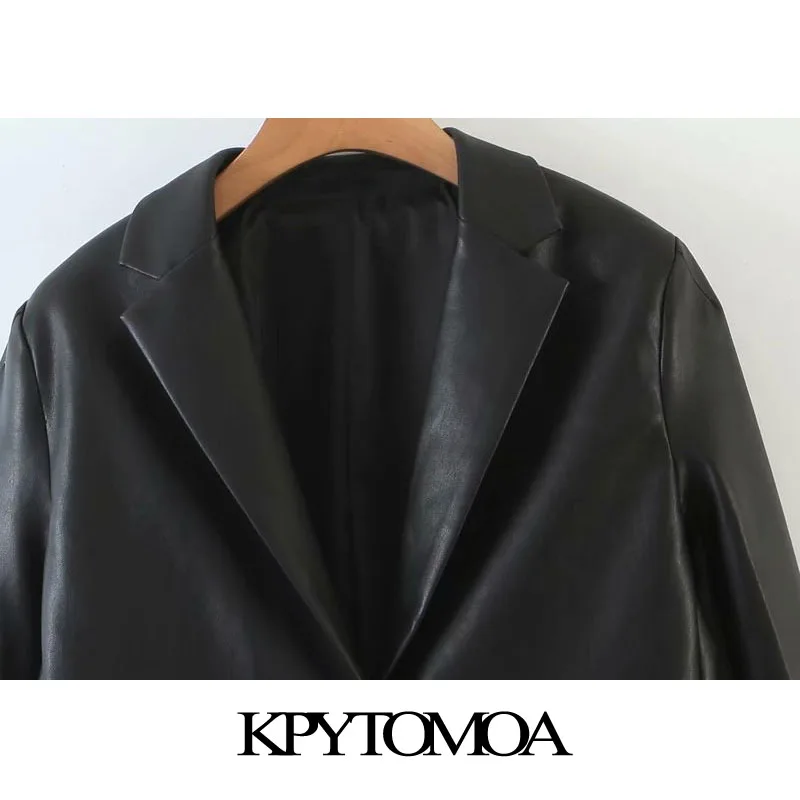 KPYTOMOA Women 2020 Fashion Faux Leather Single Button Blazers Coat Vintage Long Sleeve Pockets Female Outerwear Chic Tops