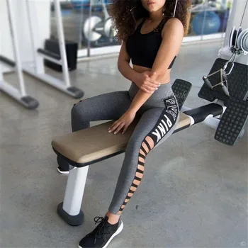 High Elastic Waist  leggings Pink Letter Print Hollow Out Leggings Patchwork Fitness Leggings  Sportswear Pants 2