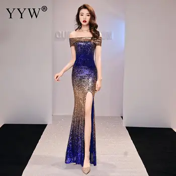 

Sexy Off Shoulder Sequined Dress Women High Split Gradient Color Evening Party Dress Fashion Elegant Mermaid Floor Length Dress