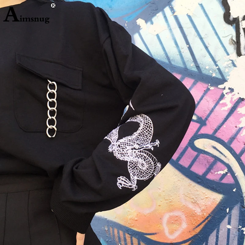Черный свитер с вышивкой топ женский длинный рукав цепи опрятный o-образный вырез пуловеры топы для девочек 2019 осень Готический Принт
