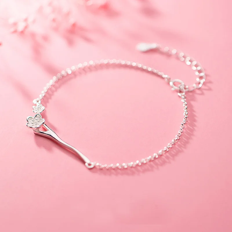 Браслеты из стерлингового серебра 925 пробы для женщин, браслет с подвеской в виде цветка персика, простой темперамент, милые модные корейские ювелирные изделия