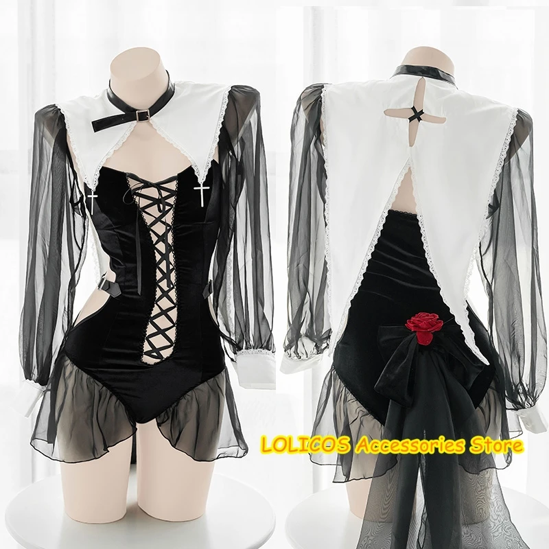 

Retro Nun Series Sexy Girl Hollow Out Sling velvet Jumpsuits Underwear Set Sleepwear Cosplay Punk Gothic Women's Uniform Dress