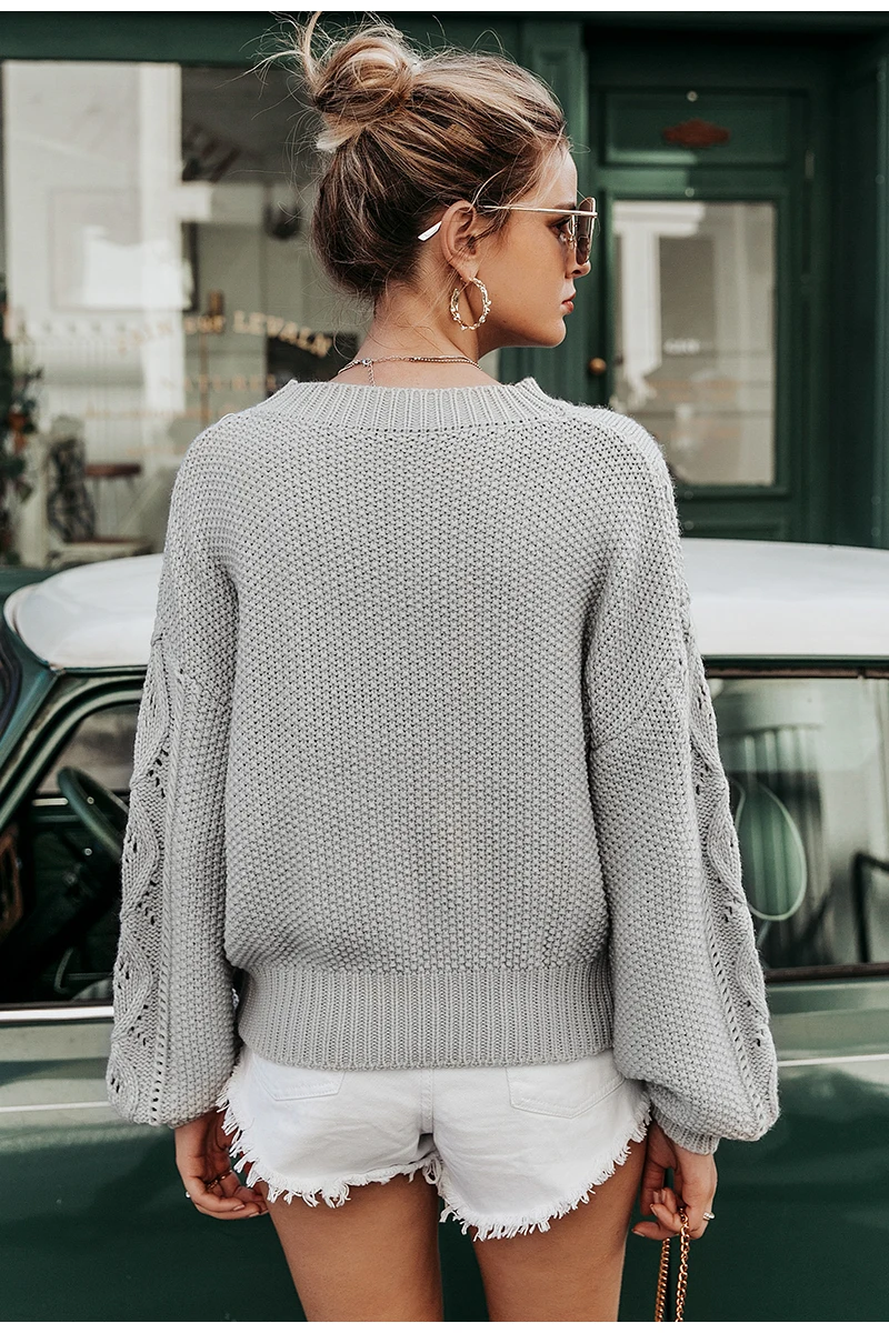 Gray Hollow Out Knitted Lantern Sleeve Sweater