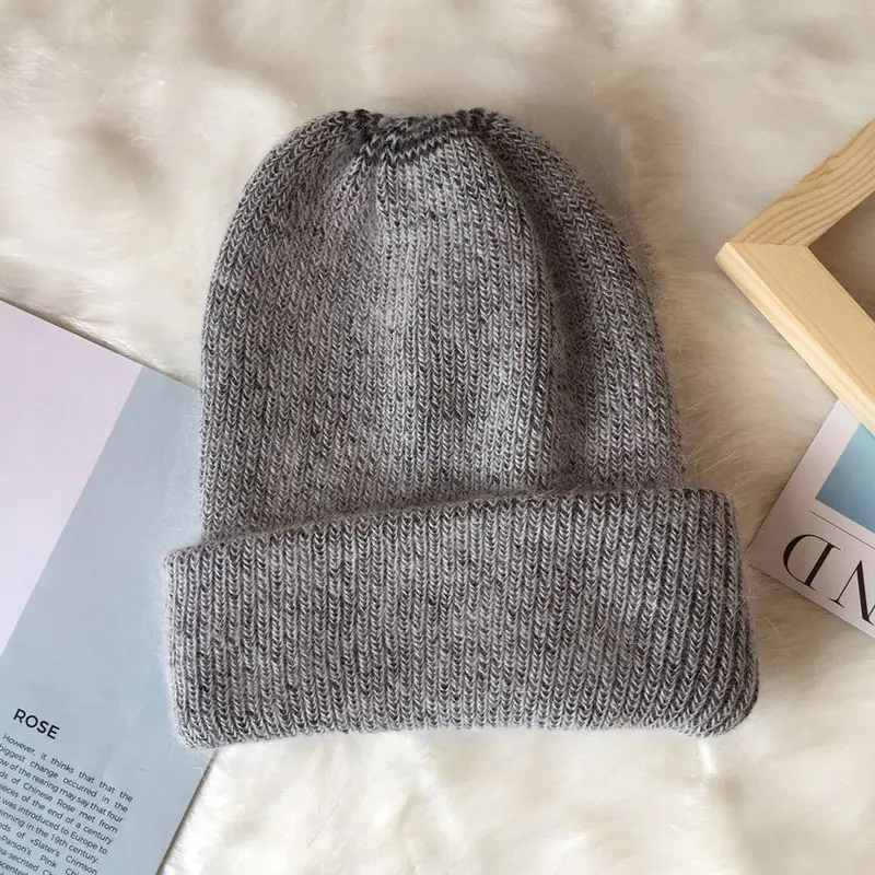 Charcoal grey Шапки для взрослых, осенняя вязанная шапка бини, одноцветная Повседневная зимняя женская шапка из кроличьей шерсти, теплая Модная шапка - Цвет: Charcoal grey