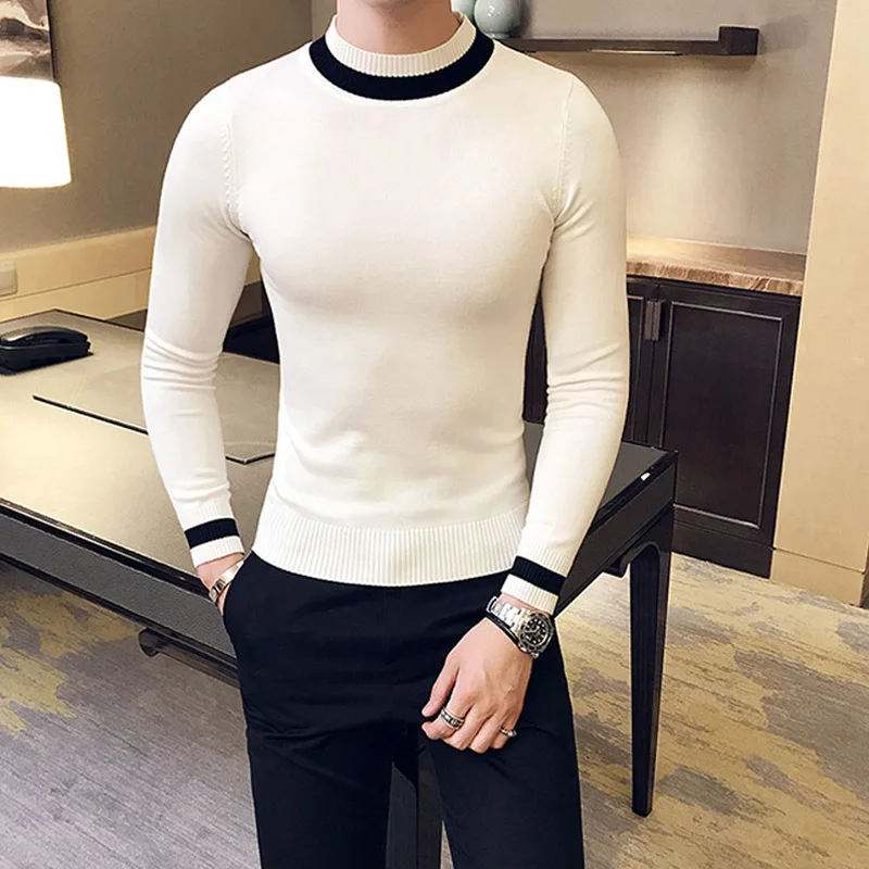 Мужской вязаный свитер pull homme однотонный облегающий с круглым вырезом белый и