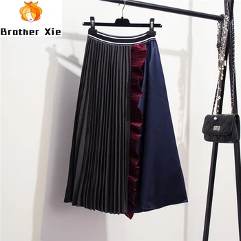 

Falbala Splicing Bump Color Pleated Skirt Skirts Women Temperament Irregular Mid Long Skirt Female Ladies Basic Skirts Vestido