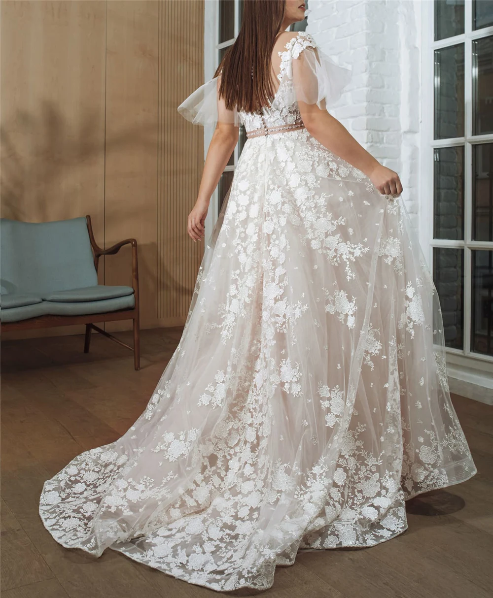 Романтические цветы аппликации цвета слоновой кости Vestido De Novia o-образным вырезом кепки рукава Иллюзия лента с бантом кружева свадебные платья