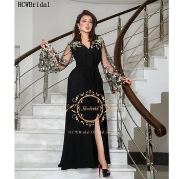 

Colorful Lace Flared Sleeves Long Black Evening Dress With Slit V Neck A Line Plus Size Formal Party Women Dress Robe De Soiree