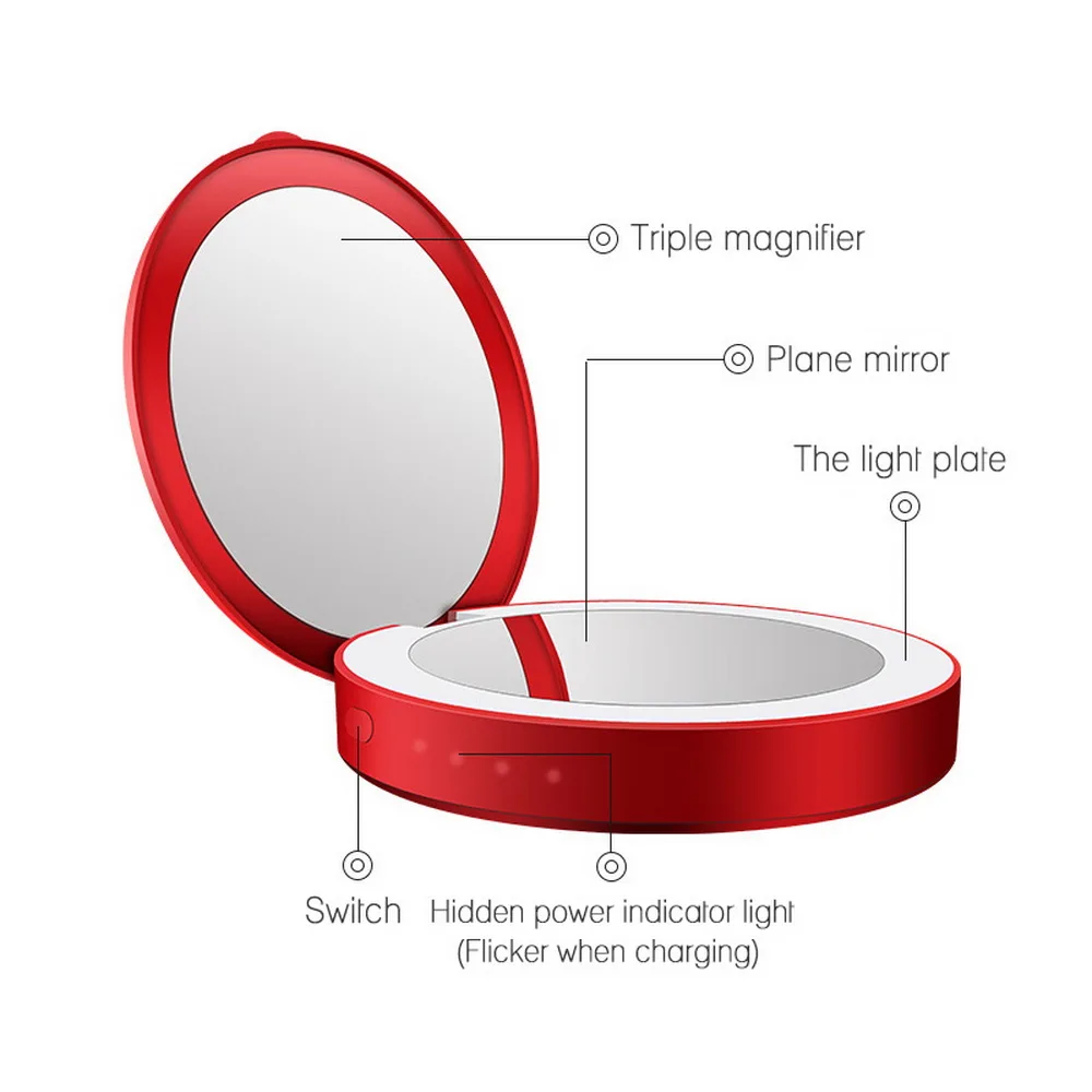 Portable LED Lighted Mini Circular Makeup Mirror Compact Travel Sensing Lighting Cosmetic Mirror Wireless USB Charging