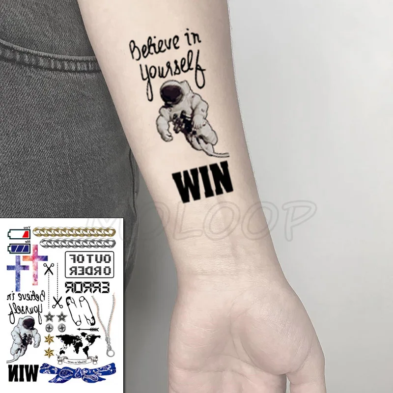 

Spaceman Cross Rosette Power Consumption Letter Tattoos Stickers Women Body Waist Arm Art Tattoos Temporary Girls Tatoos Chains