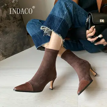 

Winter Leather Women Boots High Heels Pointed Toe Patchwork Stretch Velvet Ankle Boots Back Zip Warm Boots Thin Heel