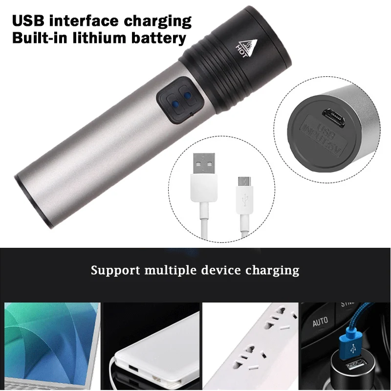 Встроенный аккумулятор светодиодный фонарик USB Rechargeabl портативный зум фонарик Фонарь T6 светодиодный фонарь Водонепроницаемый фонарик для кемпинга