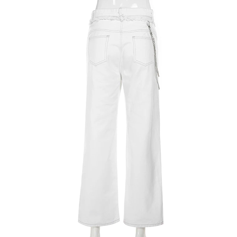 Waatfaak выдалбливают джинсы с высокой талией женские рваные уличные широкие брюки для ног белая цепочка на ремешке из джинсовой ткани джинсы женские Карманы Мода