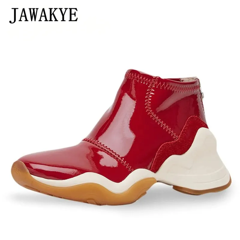 JAWAKYE/черные, белые, красные высокие кроссовки из лакированной кожи; женские кроссовки на плоской платформе для подиума; женская обувь