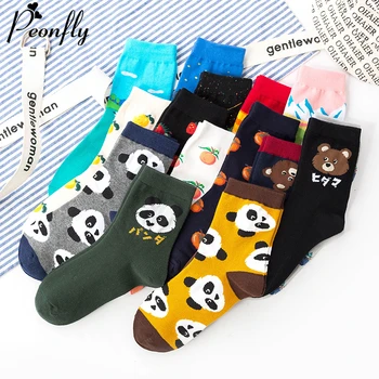 

PEONFLY 5pairs/lot Harajuku Cartoon Socks Women Funny Cute Panda Lemon Strawberry Pattern Calcetines Casual Cotton Happy Socks