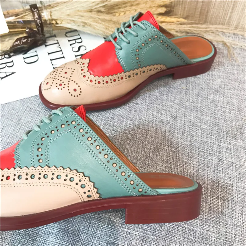 2020 Summer Slides Women's Shoes Carved Round Toe Flats Heel Brogues Mules Shallow Mouth Color Block Oxford Shoes Slippers Women (20)