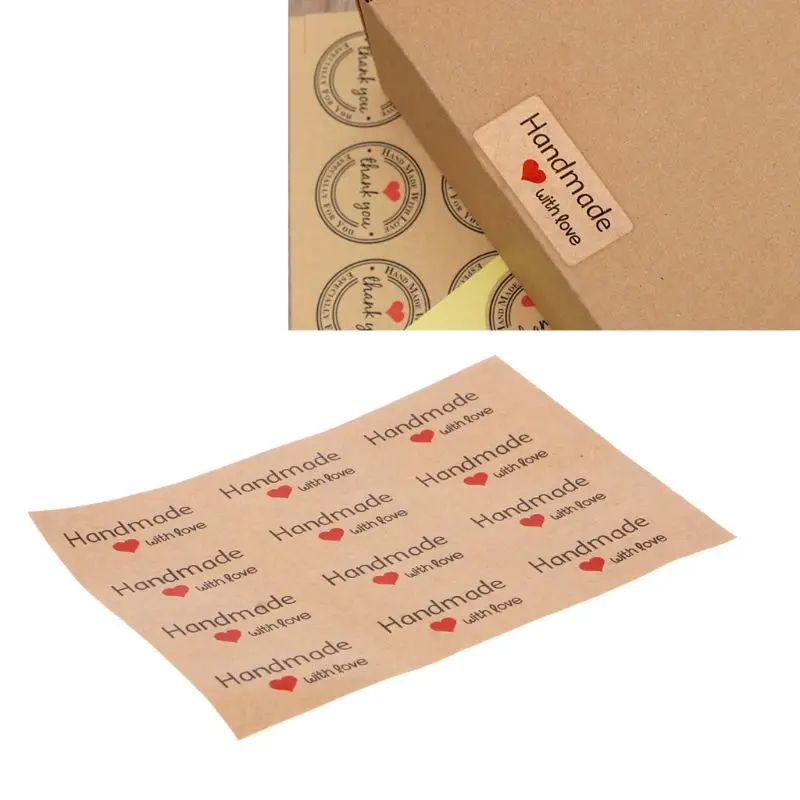 12Pcs 1.5 Inch Square Natural Kraft Handmade with Love Self Adhesive Stickers 634D