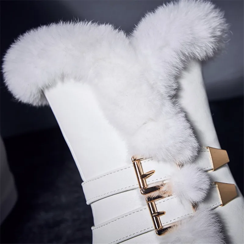 PXELENA Luxury Hidden High Heels Platform Snow Boots Women Waterproof Winter New Buckle Zip Rabbit Fur Plush Warm Shoes 40