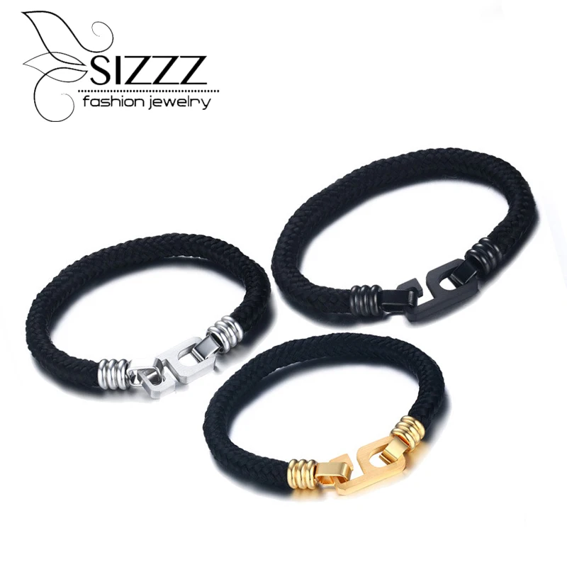 19cm Long 6mm Wide stainless steel nylon rope black Europe and the United States style Bracelet&Bangles for men
