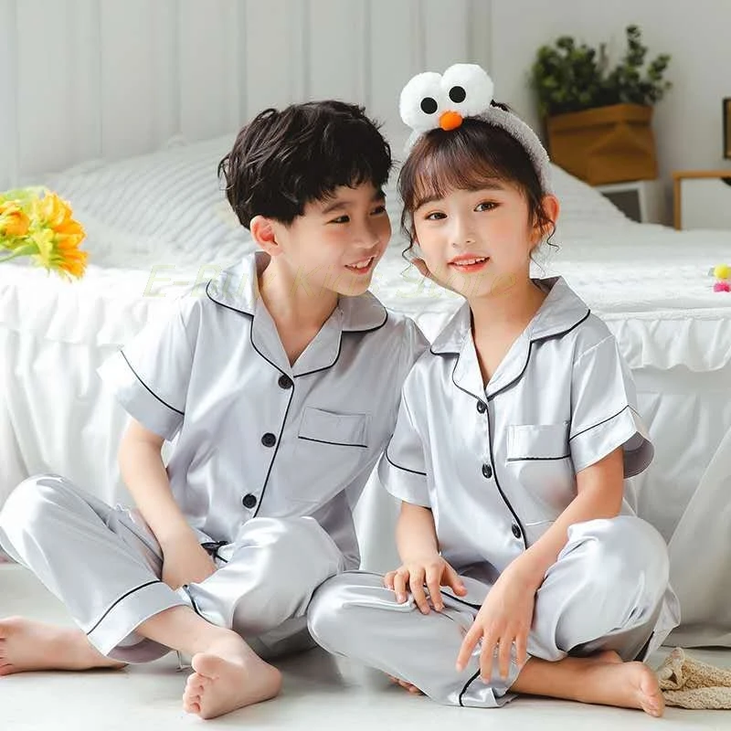 night gowns cheap Children's Sleepwear Satin Pajama Suits Spring Long Sleeves Homewear Sibling Silk Nightwear Baby Girls Clothes Pink Pajama Suits pajama sets button up	