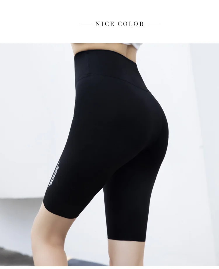 BIVIGAOS Letter Printed Sharkskin Biker Shorts Women's Knee Length Shorts High Waist Stretch Black Fitness Cycling Shorts Summer